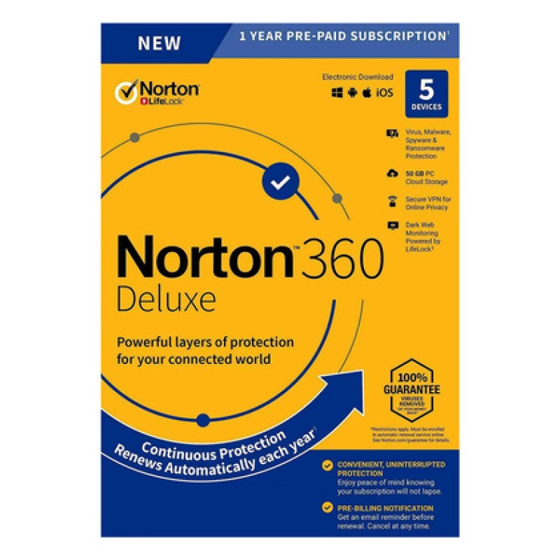 NORTON NORTON Antivirus 360 Deluxe ESD, 5 συσκευές, 50GB cloud, 1 έτος