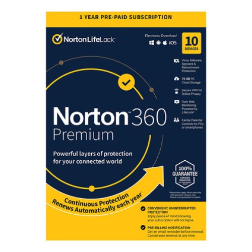 NORTON NORTON Antivirus 360 Premium ESD, 10 συσκευές, 75GB cloud, 1 έτος