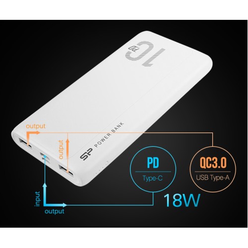 SILICON POWER SILICON POWER power bank QP15, 10000mAh, 2x USB & USB Type-C, 3A, λευκό