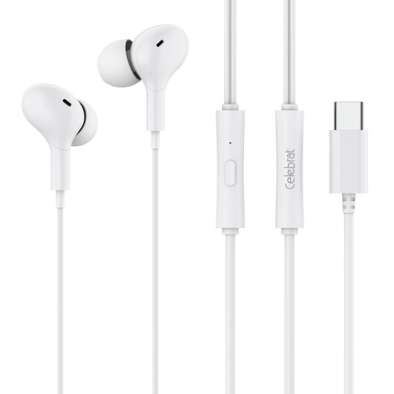 CELEBRAT CELEBRAT earphones με μικρόφωνο D13, USB-C σύνδεση, Φ10mm, 1.2m, λευκά