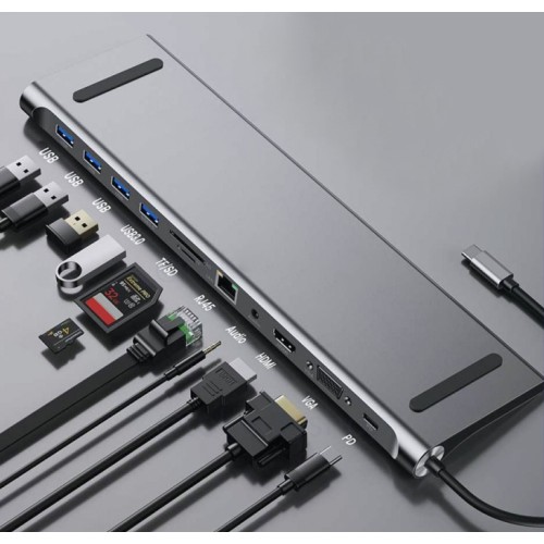 Powertech POWERTECH docking station BYL-2003, 11 θυρών, βάση laptop, USB-C, γκρι