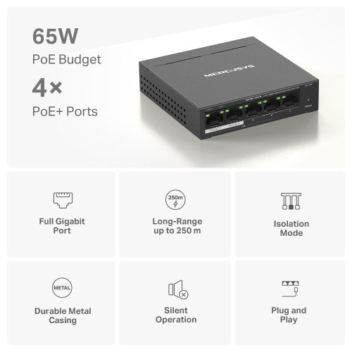MERCUSYS MERCUSYS Desktop Switch MS105GP, 5x 10/100/1000 Mbps, PoE+, Ver. 1.0