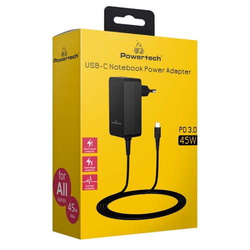 Powertech POWERTECH φορτιστής laptop PT-1155, USB-C PD, universal, 45W, μαύρος