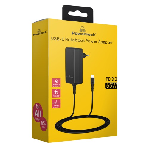 Powertech POWERTECH φορτιστής laptop PT-1156, USB-C PD, universal, 65W, μαύρος