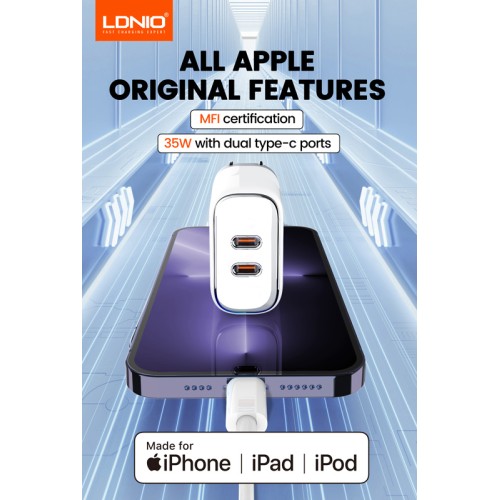 LDNIO LDNIO φορτιστής τοίχου A2528M με καλώδιο, 2x USB-C, 35W, MFi, λευκό