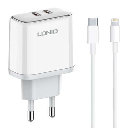 LDNIO LDNIO φορτιστής τοίχου A2528M με καλώδιο, 2x USB-C, 35W, MFi, λευκό
