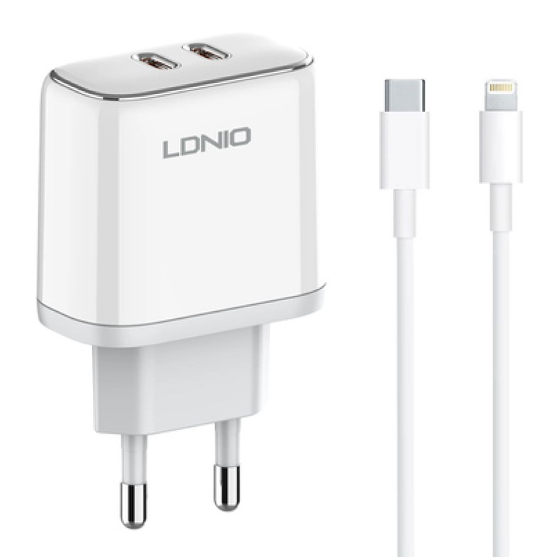 LDNIO LDNIO φορτιστής τοίχου A2528M με καλώδιο, 2x USB-C, 35W, MFi, λευκό