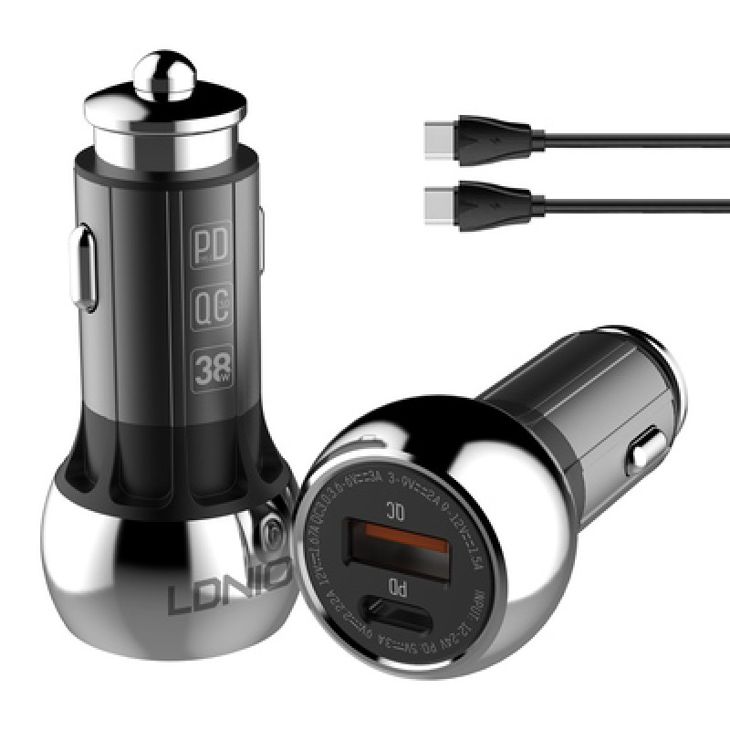 LDNIO LDNIO φορτιστής αυτοκινήτου C1 με καλώδιο, USB & USB-C, 38W PD, μαύρος