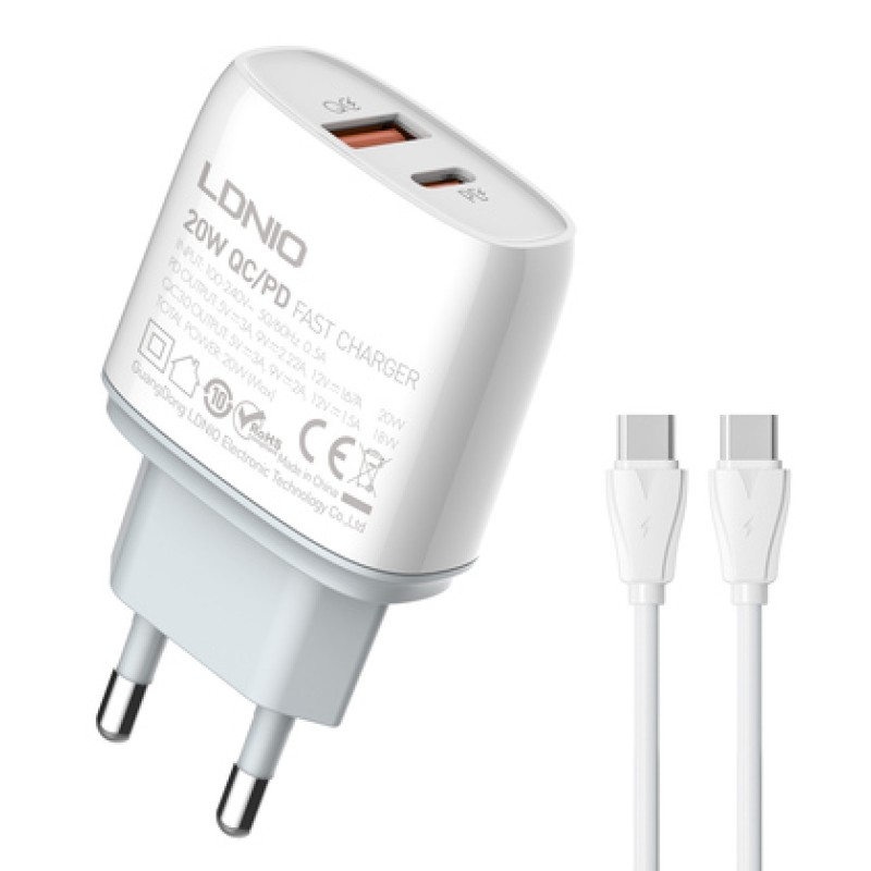 LDNIO LDNIO φορτιστής τοίχου Q229 με καλώδιο, USB & USB-C, 20W PD, λευκός