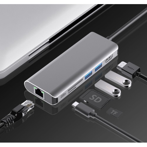 Powertech POWERTECH docking station PTH-112, 7 θυρών, USB-C σύνδεση, 100W PD, γκρι