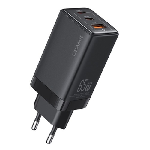 USAMS USAMS φορτιστής τοίχου US-CC180, USB & 2x USB-C, 65W PD, GaN, μαύρος