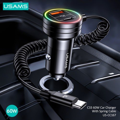 USAMS USAMS φορτιστής αυτοκινήτου US-CC167 με καλώδιο, USB/USB-C, 60W, μαύρος