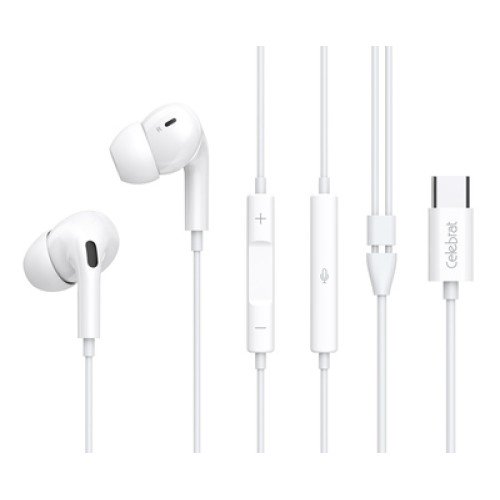 CELEBRAT CELEBRAT earphones με μικρόφωνο E300, USB-C σύνδεση, Φ10mm, 1.2m, λευκά