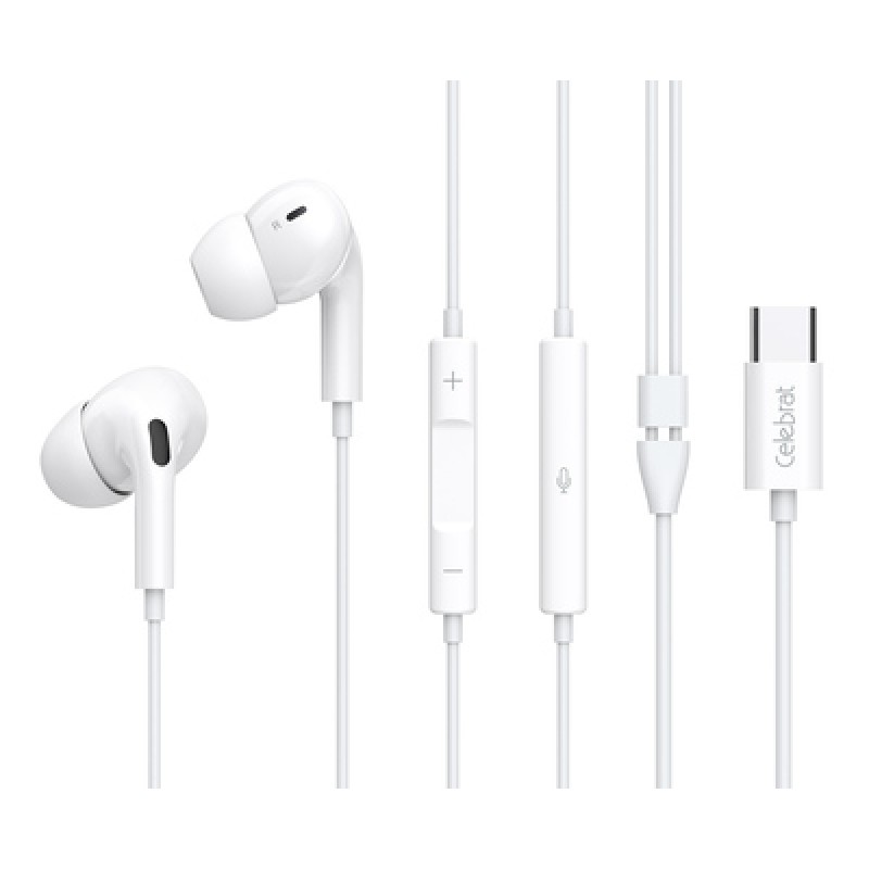 CELEBRAT CELEBRAT earphones με μικρόφωνο E300, USB-C σύνδεση, Φ10mm, 1.2m, λευκά