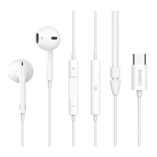 CELEBRAT CELEBRAT earphones με μικρόφωνο E500, USB-C σύνδεση, Φ14mm, 1.2m, λευκά