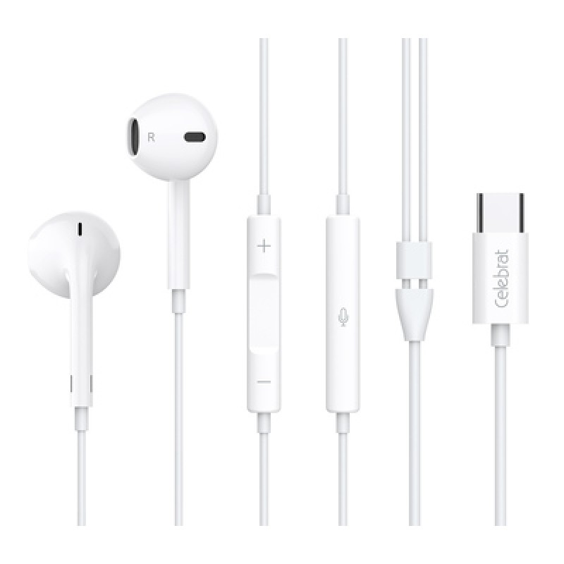 CELEBRAT CELEBRAT earphones με μικρόφωνο E500, USB-C σύνδεση, Φ14mm, 1.2m, λευκά