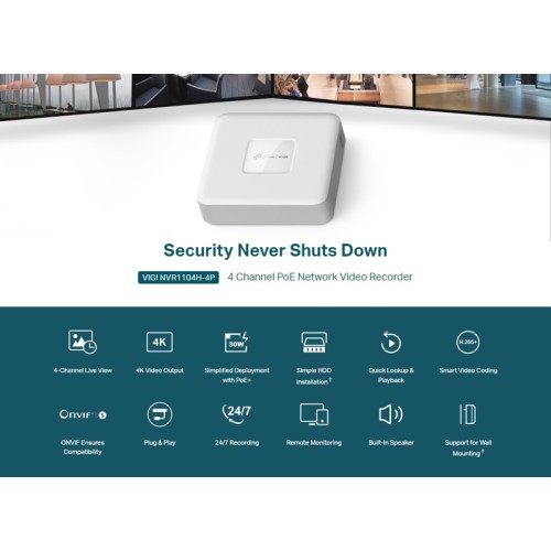 TP-Link TP-LINK NVR καταγραφικό VIGI NVR1104H-4P, 8MP, 4 κανάλια PoE+, Ver. 1.0