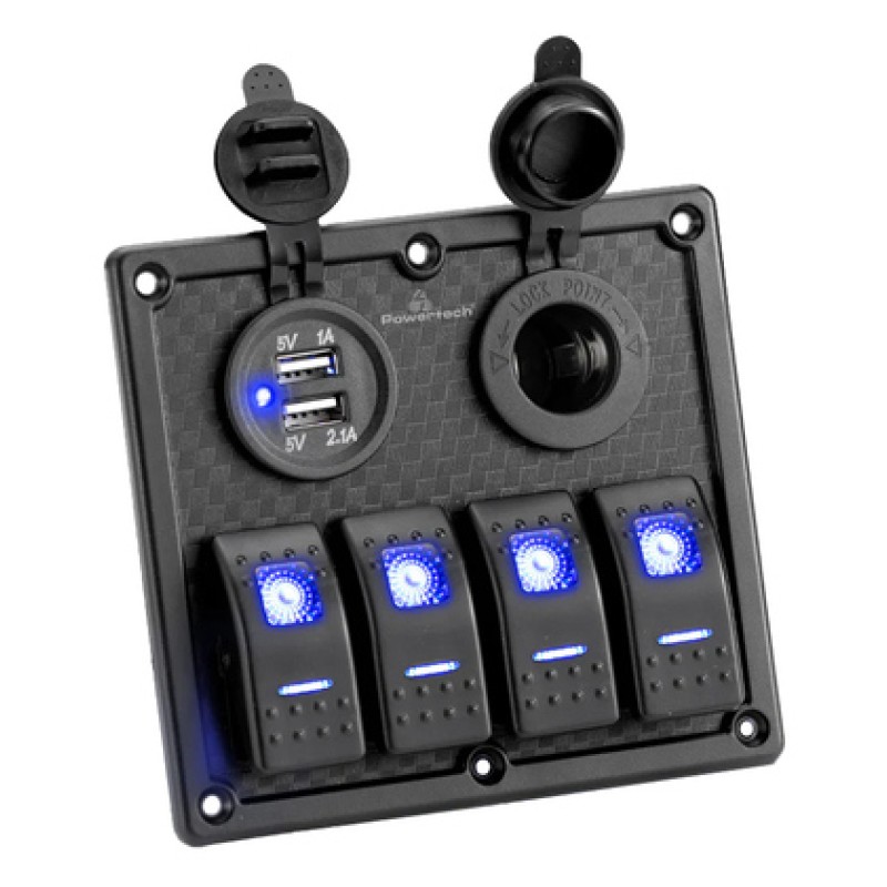 Powertech POWERTECH πάνελ σκαφών & οχημάτων PTL-017, πρίζα 12V/2x USB/4x διακόπτες