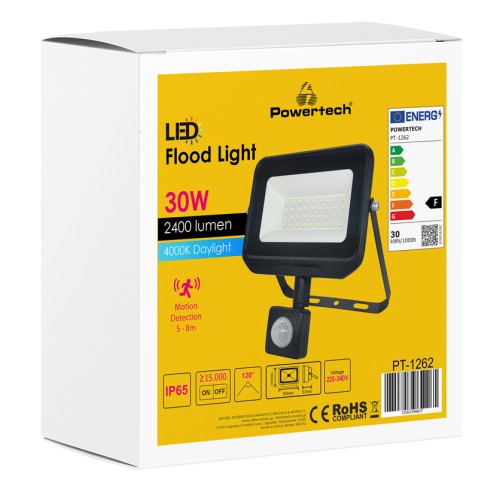 Powertech POWERTECH LED προβολέας PT-1262, με αισθητήρα κίνησης, 30W, 4000K, IP65