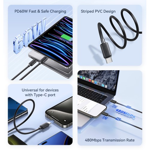 USAMS USAMS καλώδιο USB-C σε USB-C US-SJ691, 60W, 480Mbps, 1m, λευκό