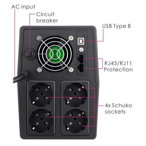 Powertech POWERTECH UPS Line Interactive PT-1800LCD με οθόνη, 1800VA, 1080W, 4x Schuko, 2x RJ45/RJ11, USB Type B