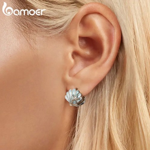 BAMOER BAMOER σκουλαρίκια κρίκοι BSE1011 σε σχήμα κοχύλι, ασήμι 925, ασημί/μπλε