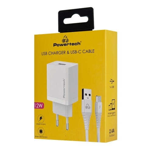 Powertech POWERTECH φορτιστής τοίχου PT-1322 με καλώδιο USB-C, USB, 12W, λευκός