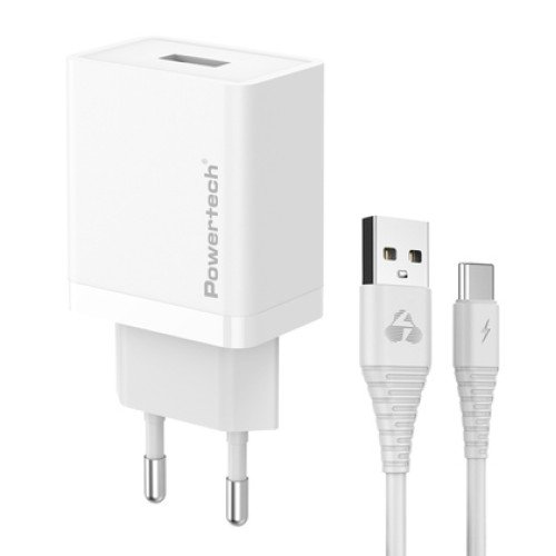 Powertech POWERTECH φορτιστής τοίχου PT-1322 με καλώδιο USB-C, USB, 12W, λευκός