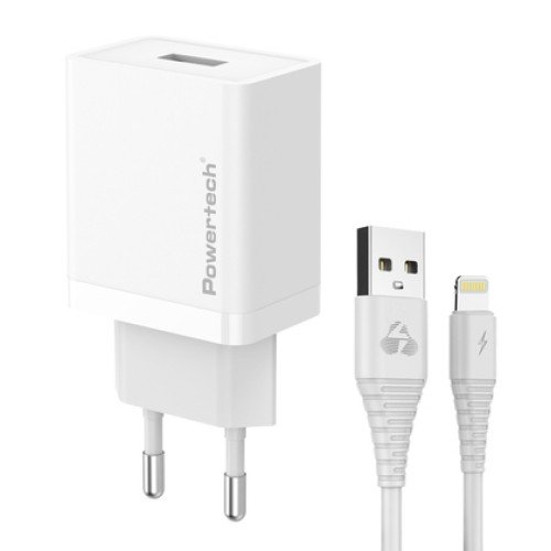Powertech POWERTECH φορτιστής τοίχου PT-1323 με καλώδιο Lightning, USB, 12W, λευκός