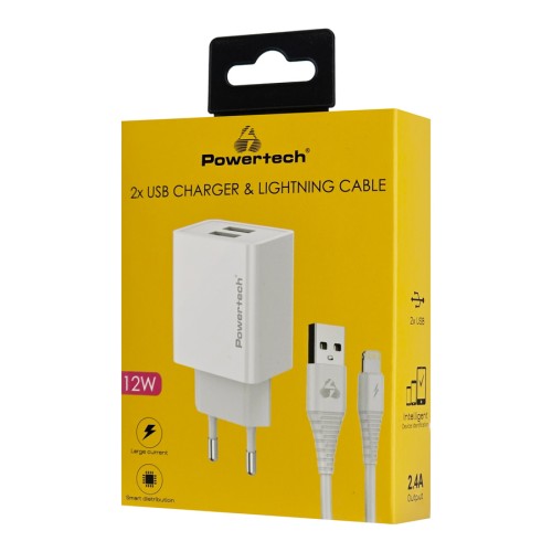Powertech POWERTECH φορτιστής τοίχου PT-1325 με καλώδιο Lightning, 2x USB, 12W, λευκός