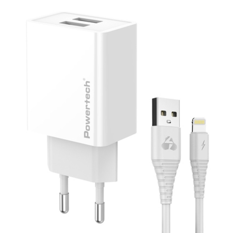 Powertech POWERTECH φορτιστής τοίχου PT-1325 με καλώδιο Lightning, 2x USB, 12W, λευκός
