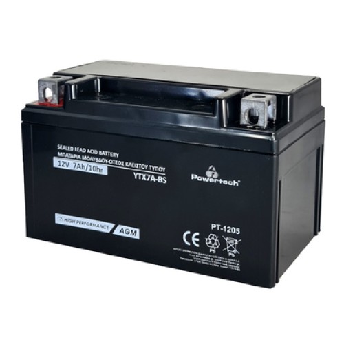 Powertech POWERTECH μπαταρία μολύβδου μοτοσυκλέτας PT-1205, 12V 7Ah, AGM, YTX7A-BS