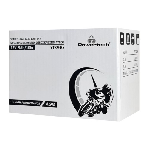 Powertech POWERTECH μπαταρία μολύβδου μοτοσυκλέτας PT-1206, 12V 9Ah, AGM, YTX9-BS