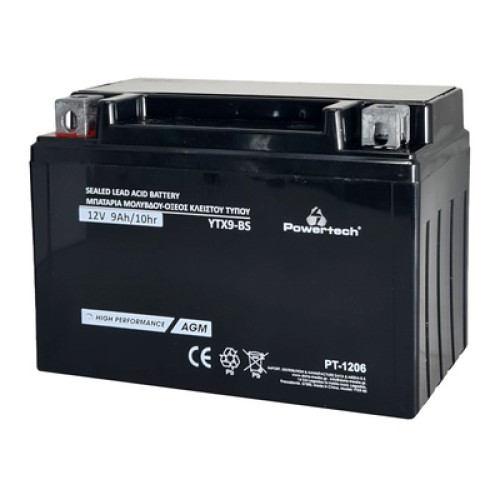 Powertech POWERTECH μπαταρία μολύβδου μοτοσυκλέτας PT-1206, 12V 9Ah, AGM, YTX9-BS