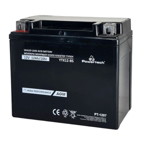 Powertech POWERTECH μπαταρία μολύβδου μοτοσυκλέτας PT-1207, 12V 12Ah AGM, YTX12-BS
