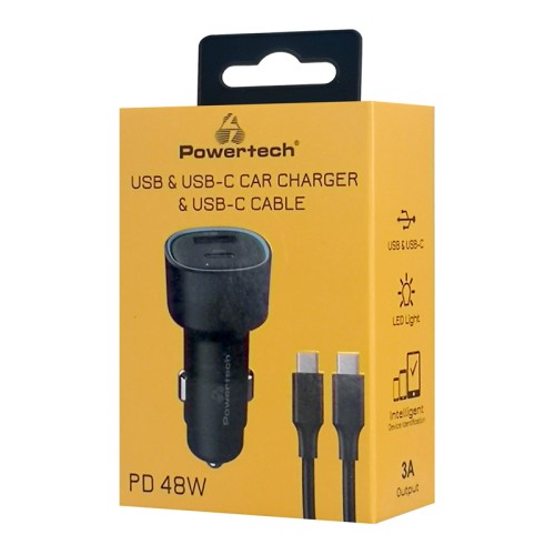 Powertech POWERTECH φορτιστής αυτοκινήτου PT-1230, καλώδιο, USB/USB-C, 48W, μαύρος