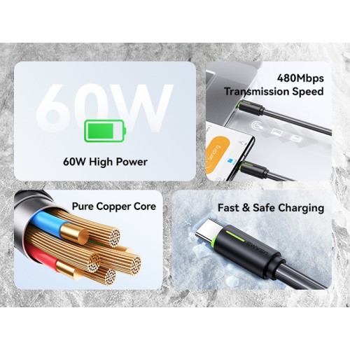 USAMS USAMS καλώδιο USB-C US-SJ734, 60W, 480Mbps, 1m, μαύρο