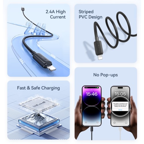 USAMS USAMS καλώδιο Lightning σε USB US-SJ689, 2.4A, 480Mbps, 1m, μαύρο