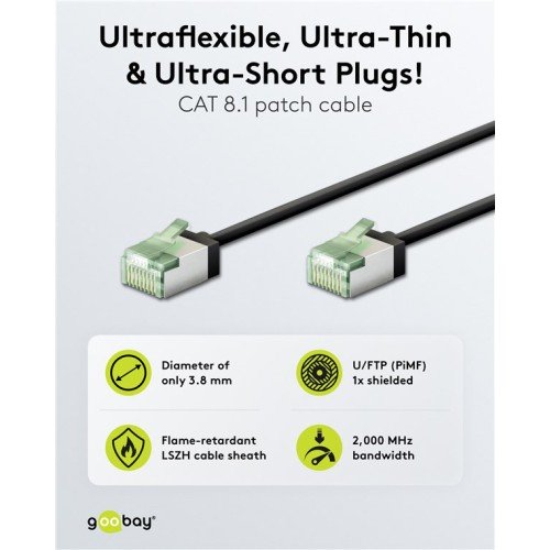 GOOBAY GOOBAY καλώδιο δικτύου 74352, CAT 8.1 U/FTP, ultra slim, copper, 40Gbps, 0.50m, μαύρο