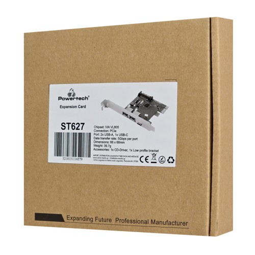 Powertech POWERTECH κάρτα επέκτασης PCIe σε 2x USB & 1x USB-C ST627, 5Gbps, 66x68mm