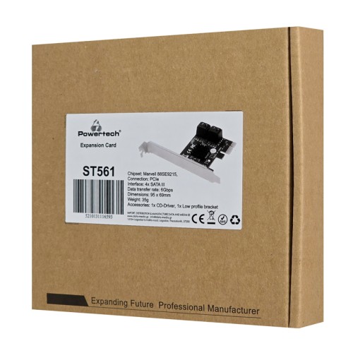 Powertech POWERTECH κάρτα επέκτασης PCIe σε 4x SATA III ST561, 6Gbps, 95x69mm