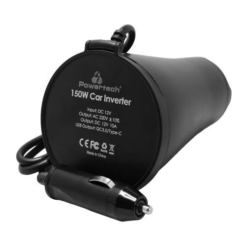 Powertech POWERTECH inverter αυτοκινήτου PTL-022, 150W, 12V DC σε 220V AC, με USB/USB-C