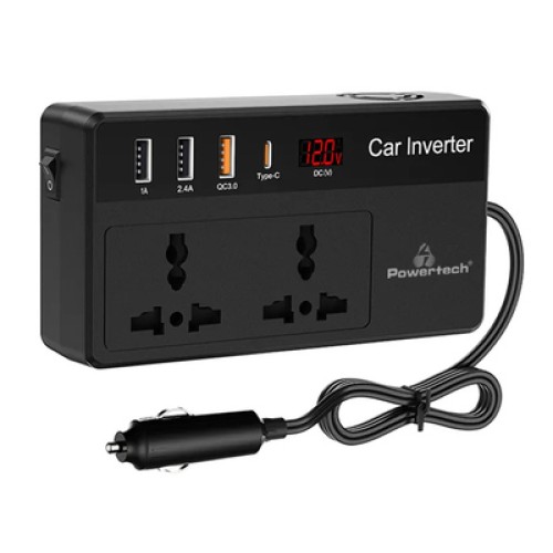 Powertech POWERTECH inverter αυτοκινήτου PTL-023, 200W, 12V DC σε 220V AC, με USB-C/3x USB