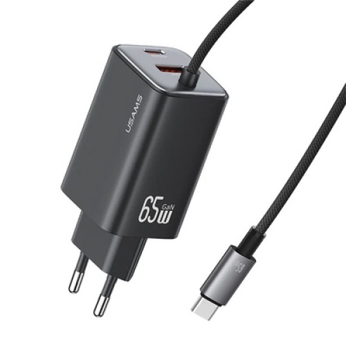USAMS USAMS φορτιστής τοίχου CC266 με καλώδιο, USB & USB-C, 65W, GaN, μαύρος