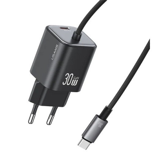 USAMS USAMS φορτιστής τοίχου CC264 με καλώδιο, USB-C, 30W, GaN, μαύρος