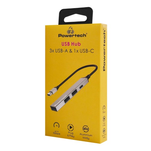 Powertech POWERTECH USB hub PT-1413, 4x θυρών, USB 3.2, 5Gbps, USB σύνδεση, γκρι