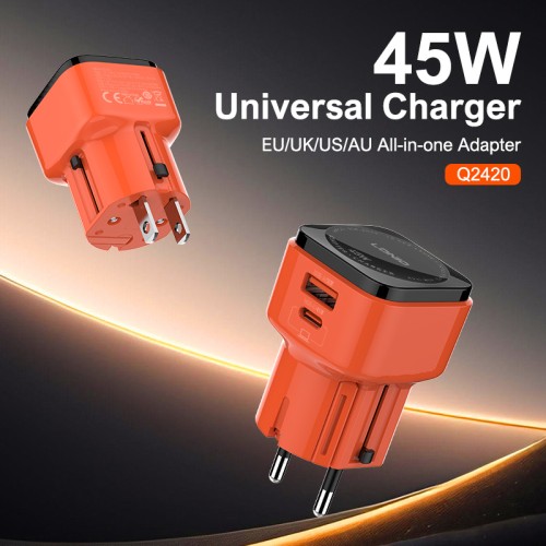 LDNIO LDNIO φορτιστής τοίχου Q2420 με καλώδιο, USB/USB-C, 45W, universal πρίζα, πορτοκαλί
