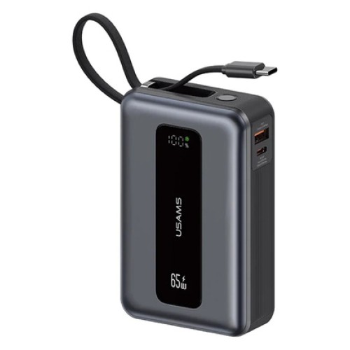 USAMS USAMS power bank CD243 με καλώδιο USB-C, 2x θύρες εξόδου, 20000mAh, 65W, γκρι