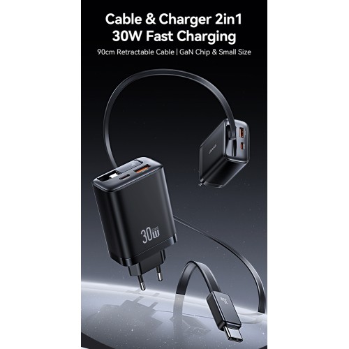 USAMS USAMS φορτιστής τοίχου CC296 με καλώδιο, USB & USB-C, 30W, μαύρος