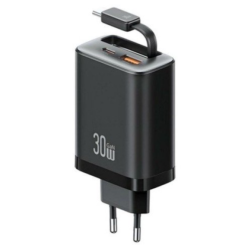USAMS USAMS φορτιστής τοίχου CC296 με καλώδιο, USB & USB-C, 30W, μαύρος